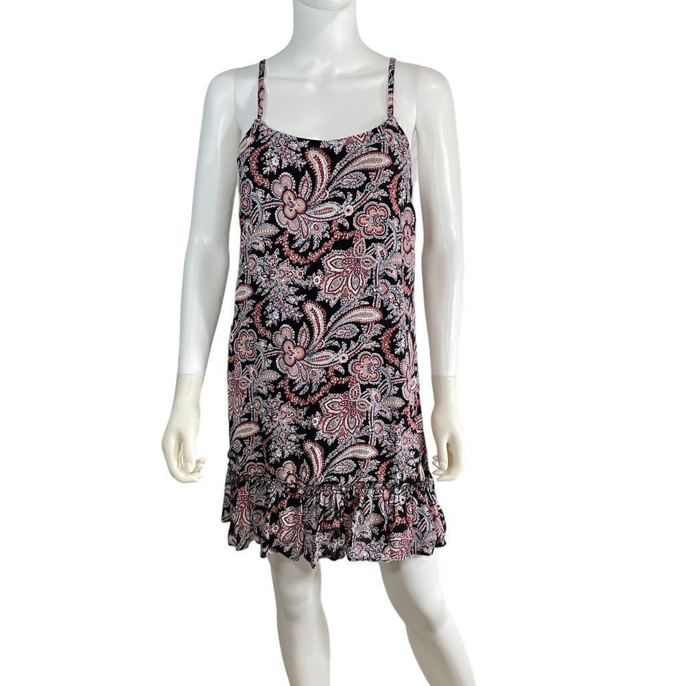 Aqua Black Pink Paisley Mini Dress Sleeveless Flounce